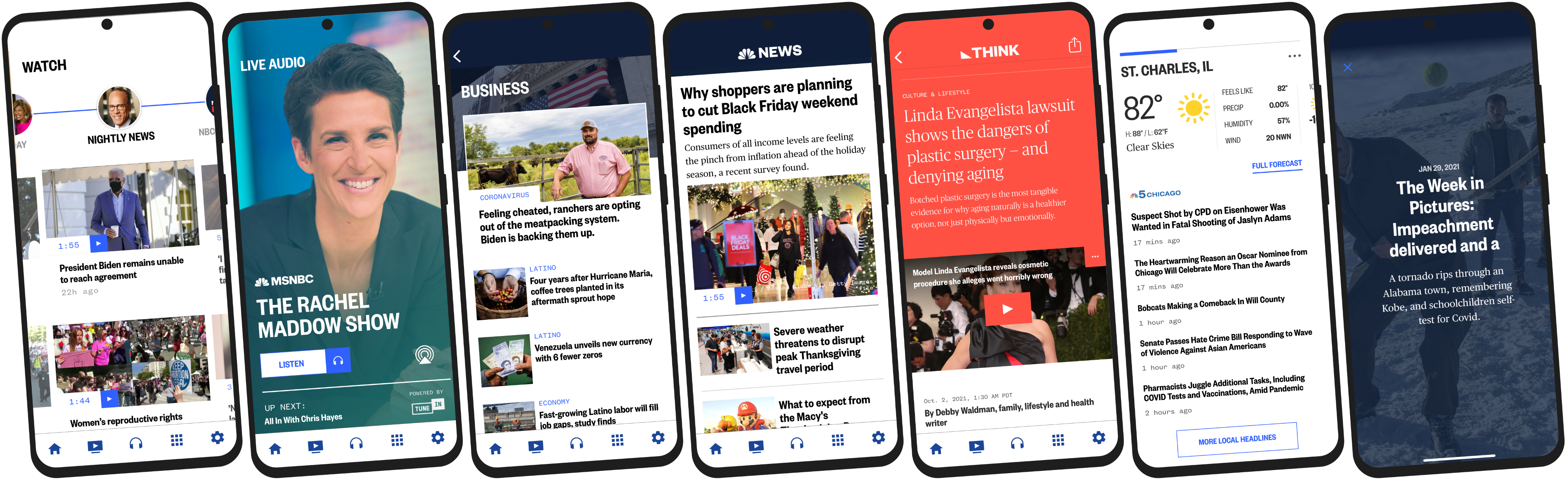 Screenshots of the nbc mobile app displayed horizontally