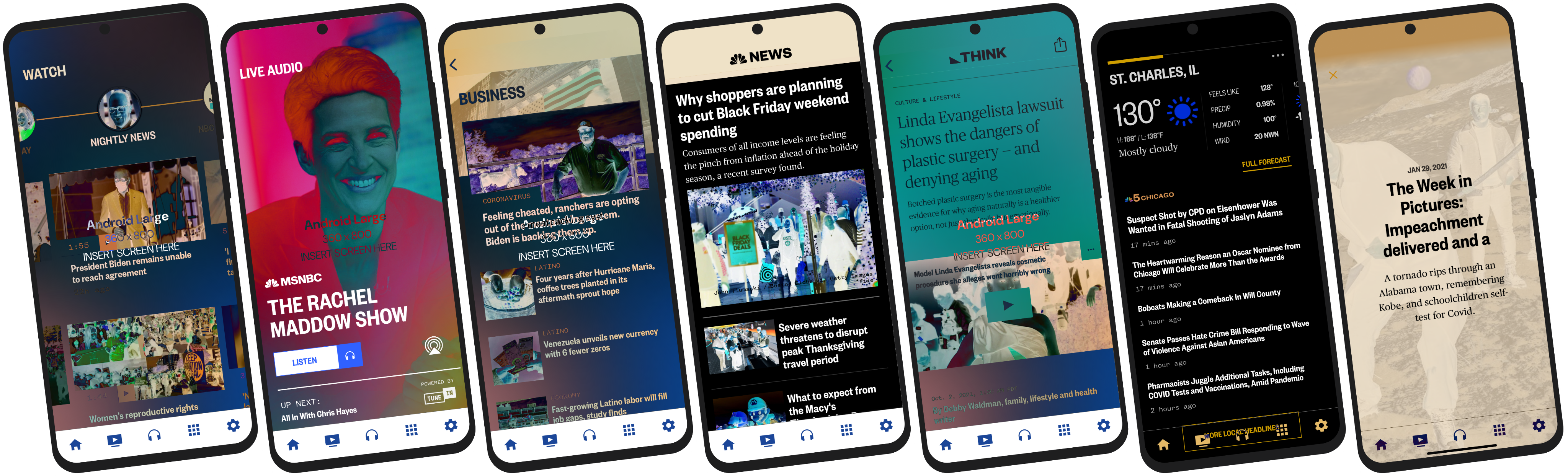 Screenshots of the nbc mobile app displayed horizontally