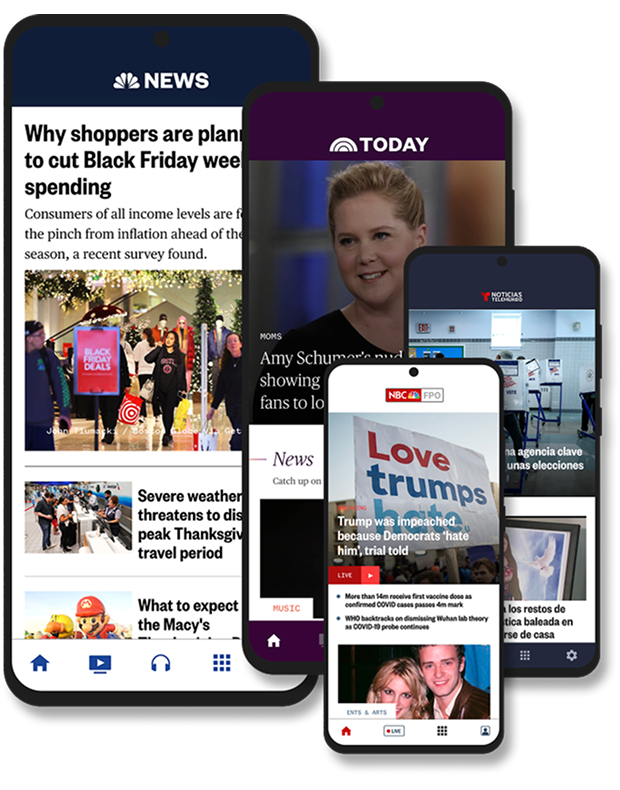 A collage of mobile app screens from NBC News brands