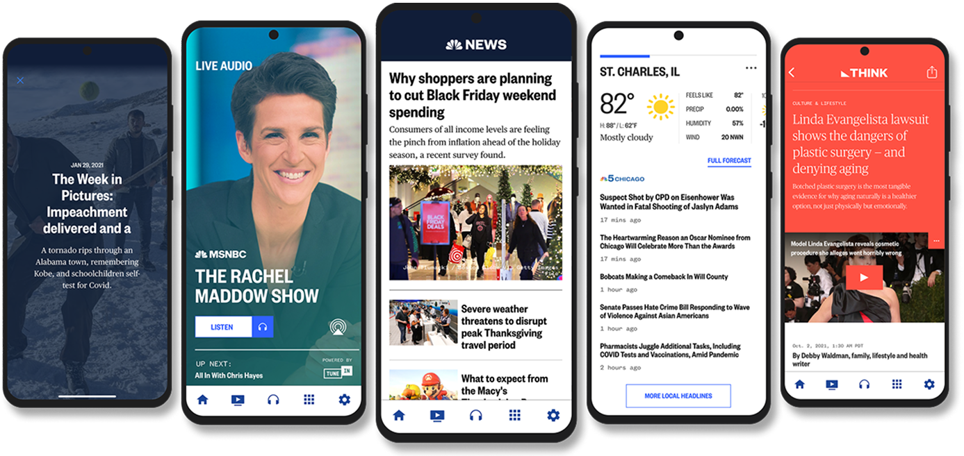 A collage of NBC News app screens across multiple devices