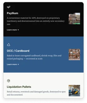 An APD materials page listing psyllium, OCC / cardboard and liquidation pallets, each with a short description and a photo.