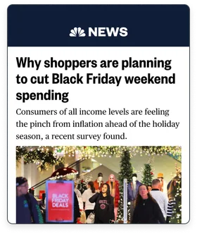 An NBC News app article screen, "Why shoppers are planning to cut Black Friday weekend spending," with a photo of holiday shoppers.