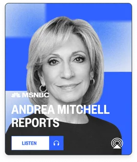 An NBC News app audio card for MSNBC's "Andrea Mitchell Reports," with a Listen button.