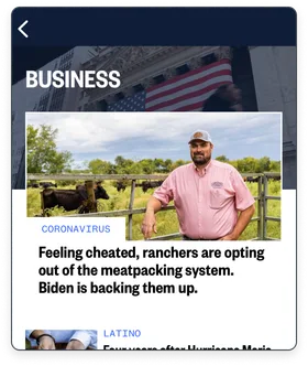 An NBC News app Business section with a featured story about ranchers opting out of the meatpacking system.