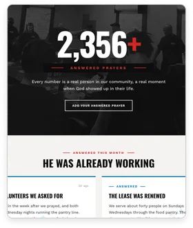 A Pray1st Army "2,356+ answered prayers" counter over a photo of people praying, above a "He was already working" section of answered-prayer stories.