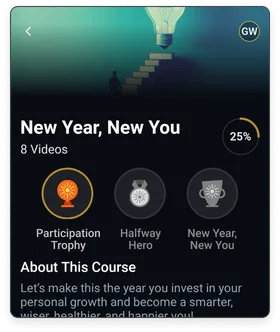A PragerU course page, "New Year, New You," with progress at 25%, three achievement trophies and a course description.