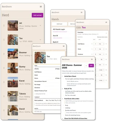 BarnDoors app screens: a herd list of horses with photos and ages, a ranch hands roster, an editable per-animal feed plan, an animal detail with feed, turnout, and notes, and a morning chores checklist.