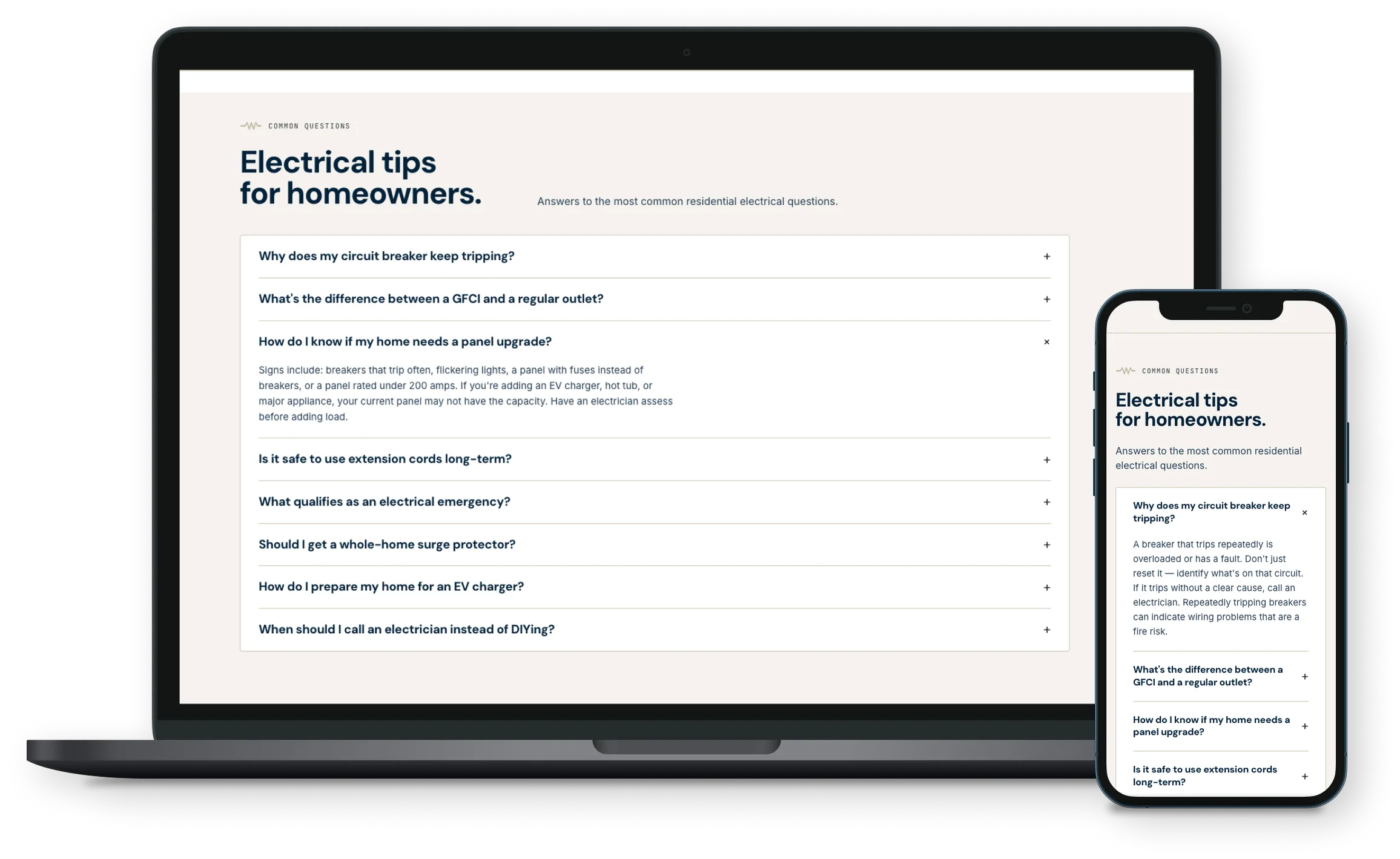 Home Run Electric "Electrical tips for homeowners" page on a laptop and phone: a list of common questions such as why a breaker keeps tripping and how to tell whether a home needs a panel upgrade, with one answer expanded.