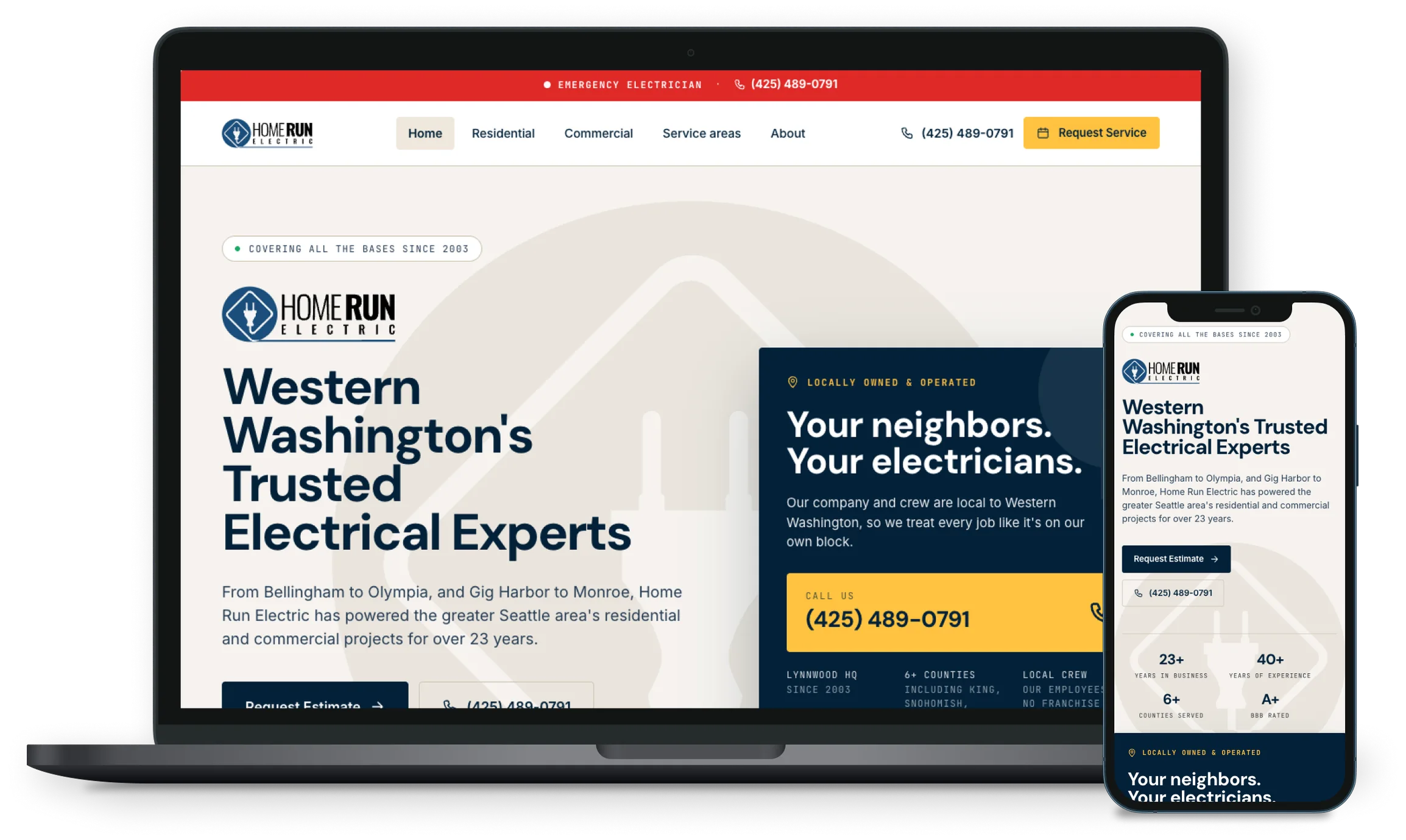 The Home Run Electric home page on a laptop and a phone: a red emergency bar, the headline Western Washington's Trusted Electrical Experts, a Request Estimate button and a phone number, with a Your neighbors, your electricians panel.