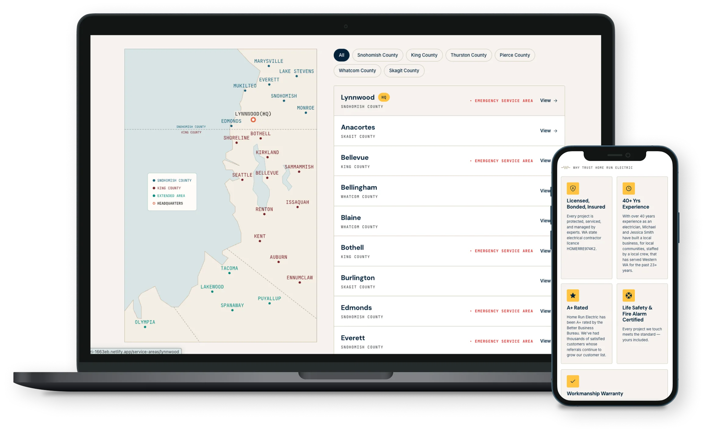 A Home Run Electric service-area map of western Washington with a list of cities and counties on a laptop, beside a "Why trust Home Run Electric" panel on a phone covering licensing, 40+ years of experience, an A+ BBB rating and fire alarm certification.
