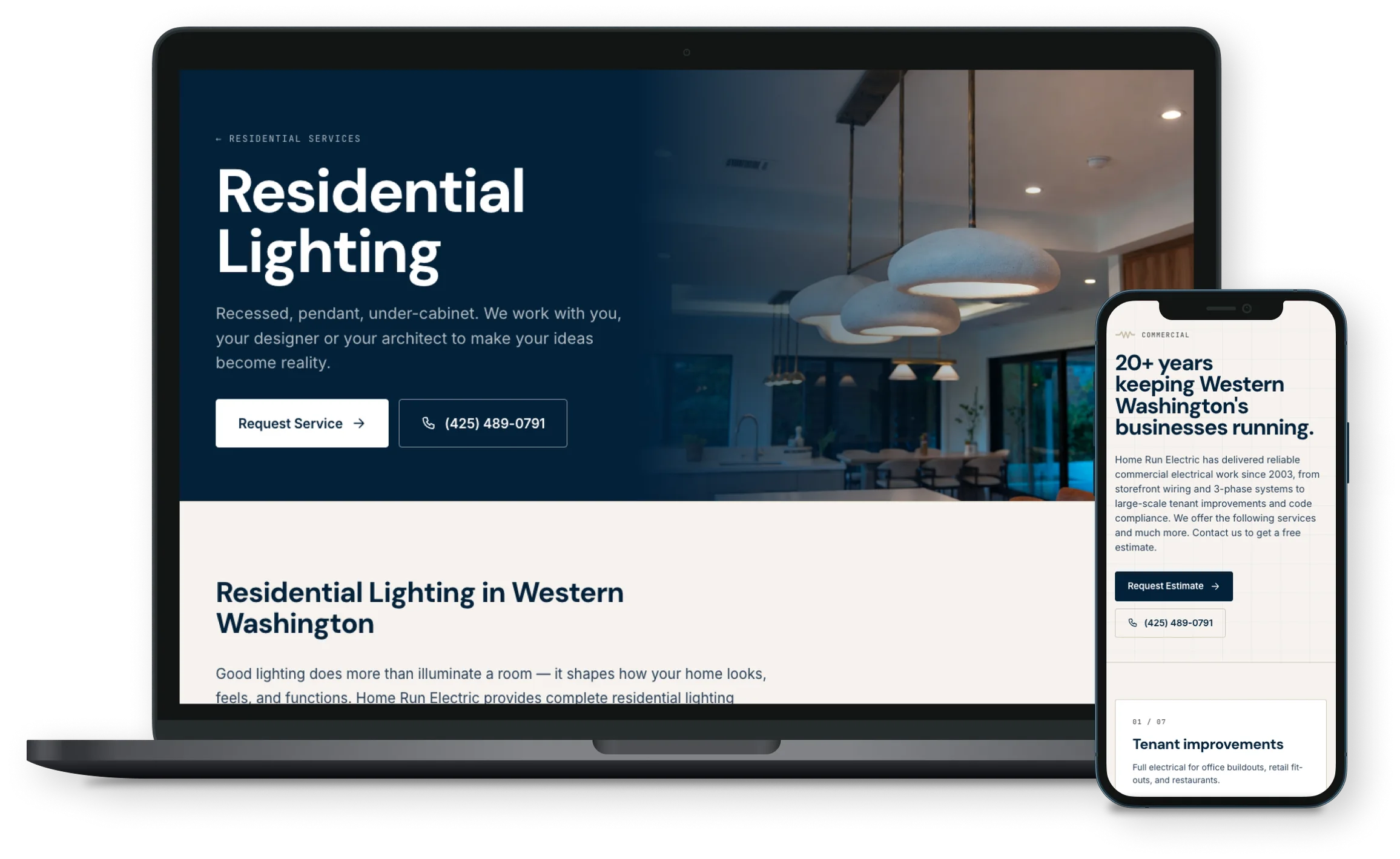 A Home Run Electric residential lighting service page on a laptop, with a Request Service button and phone number, beside a commercial services page on a phone.