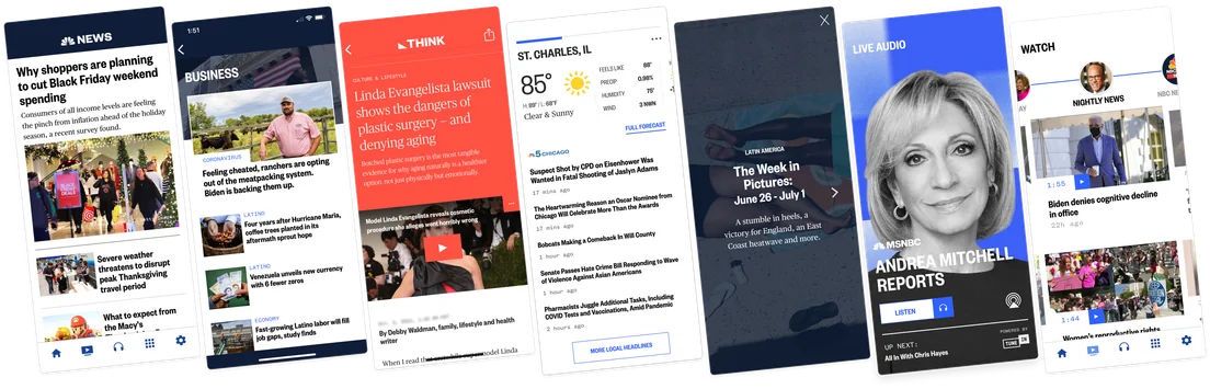 The NBC News app after the rebuild: a row of screens showing a video-first home feed, a dedicated watch section, local weather and headlines, and a curated topic package.