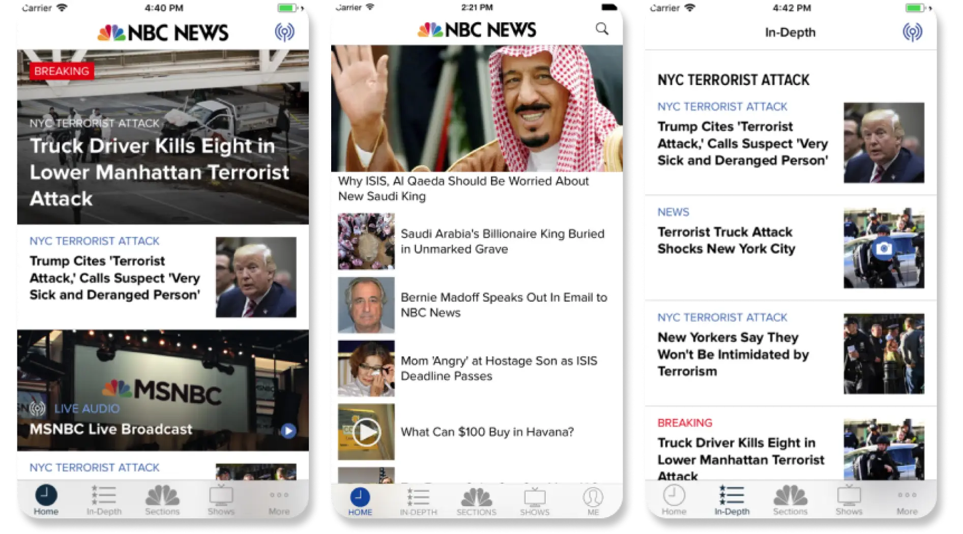 The NBC News app before the rebuild: a dense list of headlines in two repeating page templates, with no video module and no local news entry point.