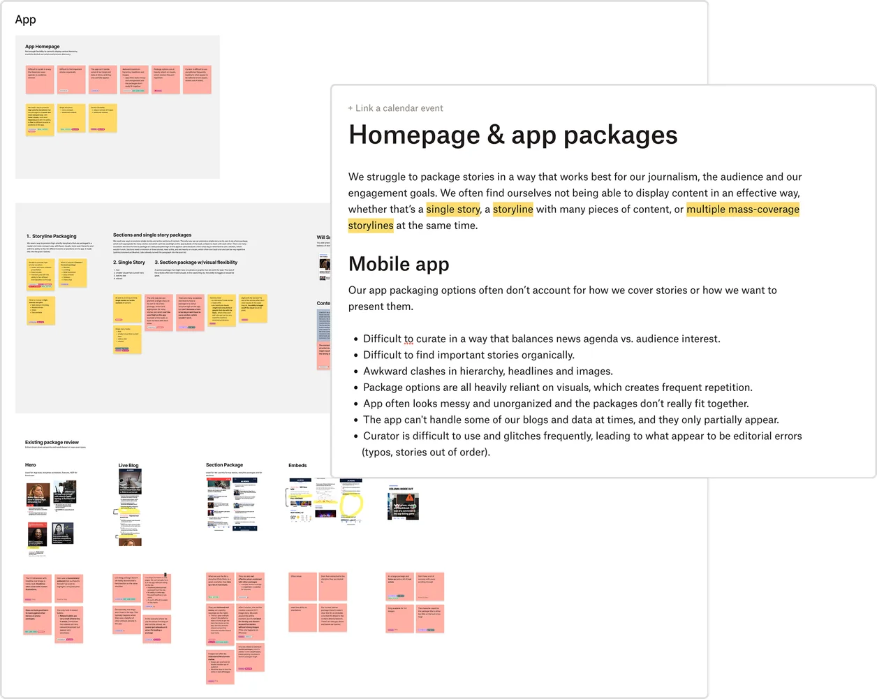 In the background pink and yellow sticky notes of editorial feedback on top of curator interfaces and app screenshots, while in the foreground the documentation compiled from hundreds of notes