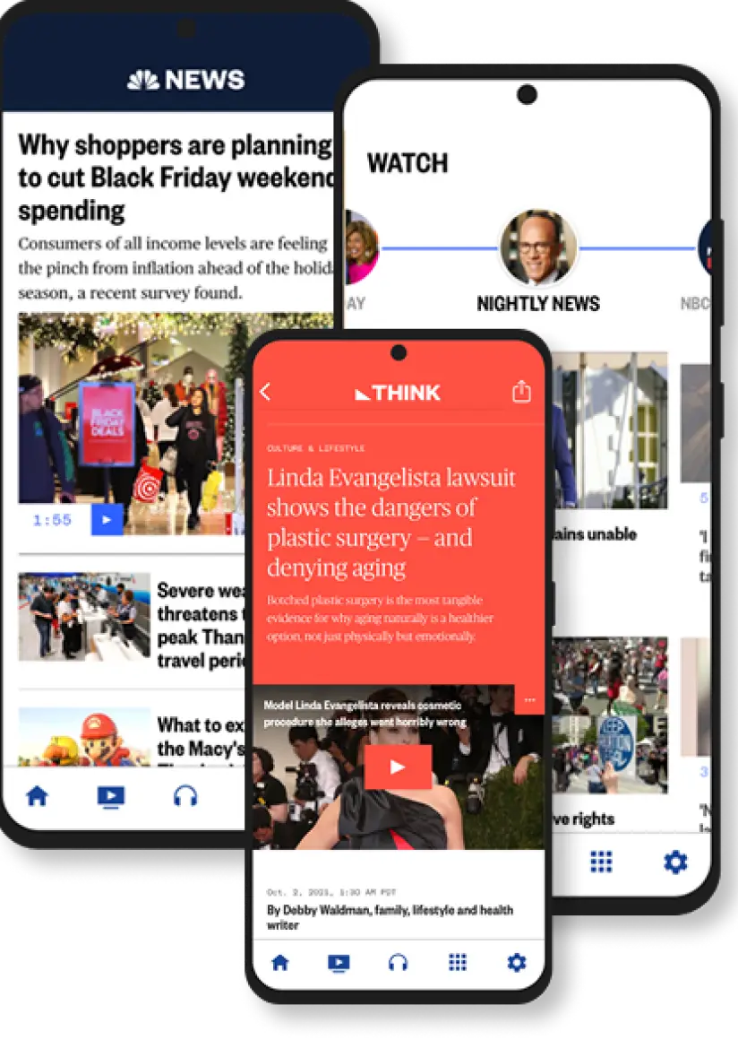 Three mobile app screens showing 3 ways to experience video within the News app: home feed, watch section, and THINK editorial page.