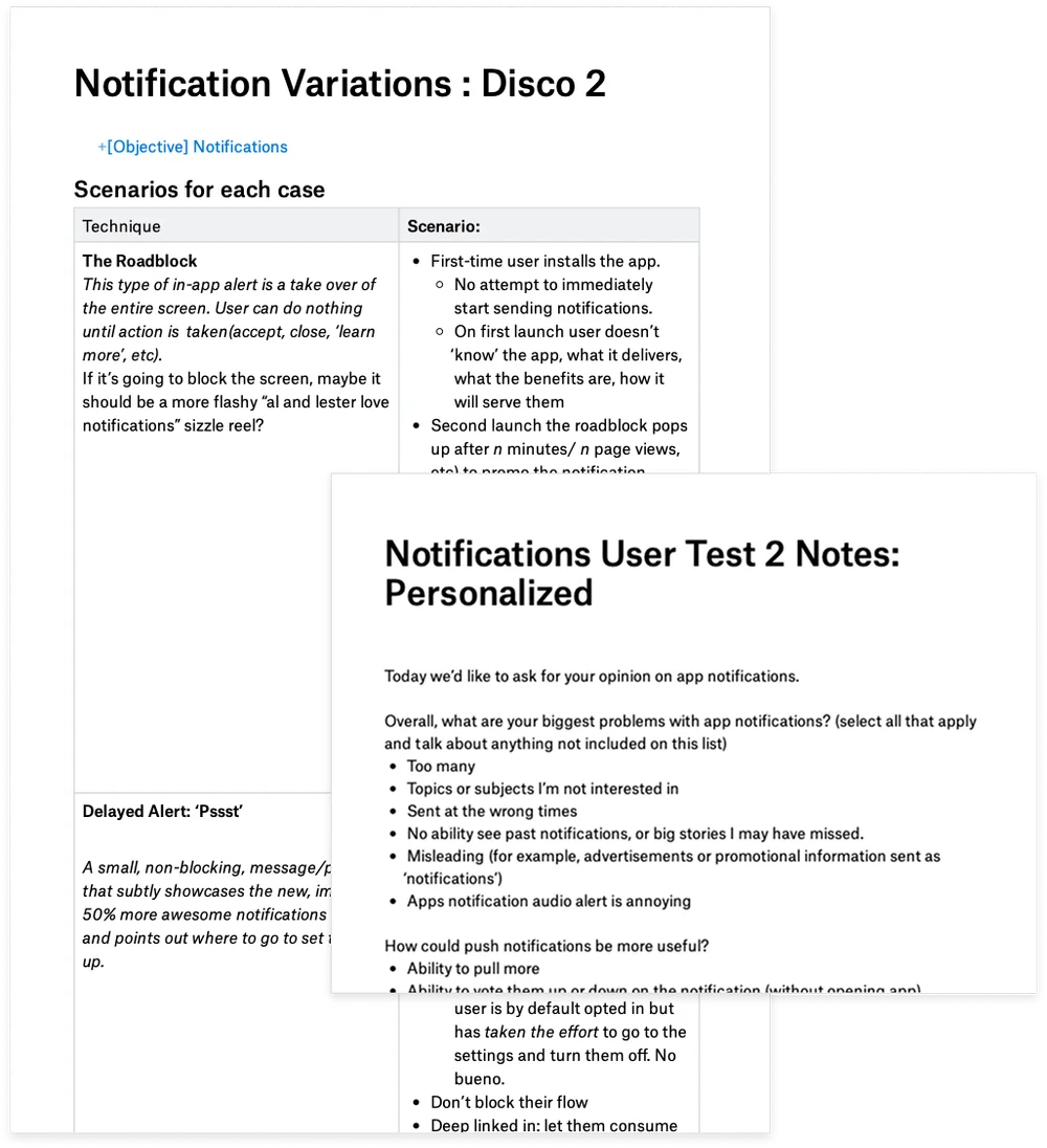 Notification Variations research document and user test notes on personalized push notifications