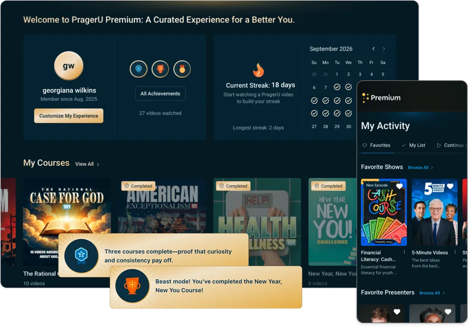 The Premium learning center: a member profile with achievement badges, videos watched and a Customize My Experience button, a streak counter beside a September calendar, a My Courses row with completed courses, and two achievement messages. Beside it, the My Activity view on a phone, where a member sets their favorite shows and presenters